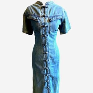 VTG 90s denim Maxi dress Asian mandarin collar Boho Retro Button Down Y2K M/L